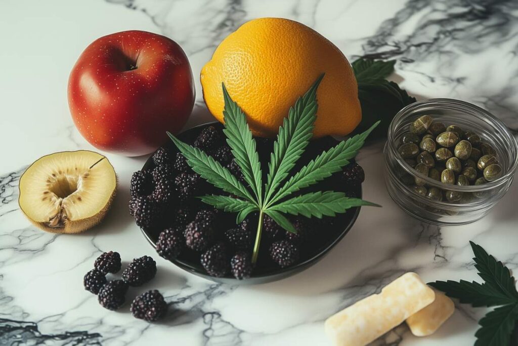 feuille de cbd posée sur une table avec des fruits